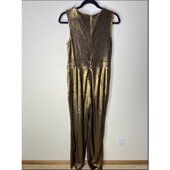 NBD Willa Jumpsuit Medium Revolve Gold Sequin Pockets Plunging Neckline - Picture 5 of 8